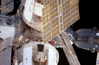 Close up view of Mir Space Station taken during rendezvous and approach operations.